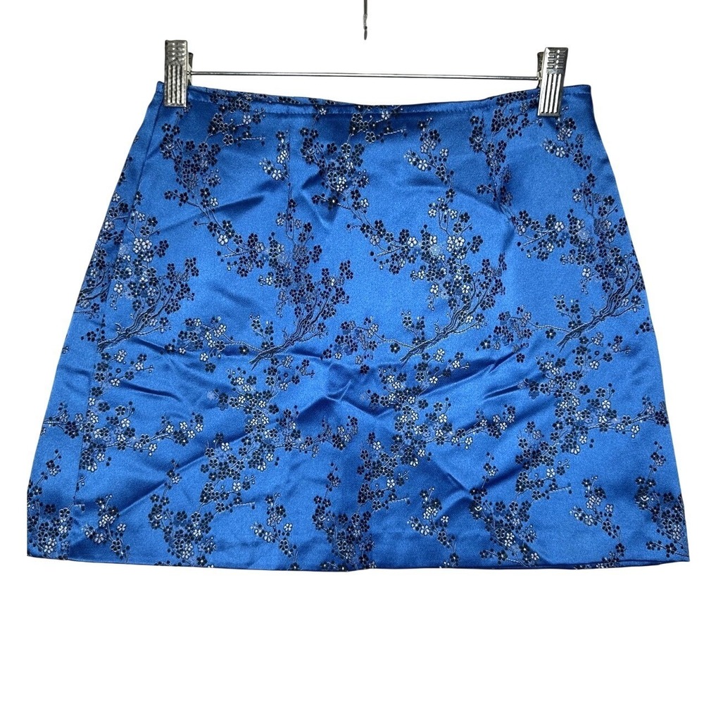 Vintage Y2K Blue Embroidered Floral Satin Mini Skirt XOXO Sz 5/6 Made‎ In USA